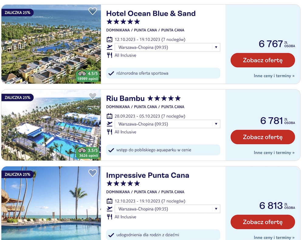 Цены на путевки в Доминикану из Варшавы. Скриншот с сайта tui.pl.