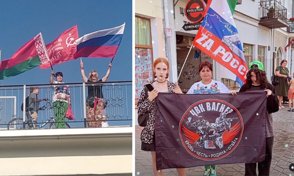 Скриншоты из видео в TikTok, где Садия Гаранина ходит по Бресту с флагами Беларуси, России, а также Z-символикой.