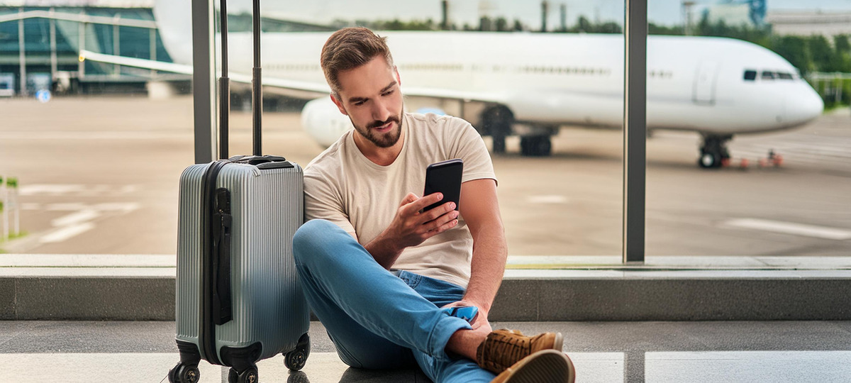 Мужчина сидит в аэропорту на полу и смотрит в телефон. Изображение сгенерировано нейросетью Adobe FireFly